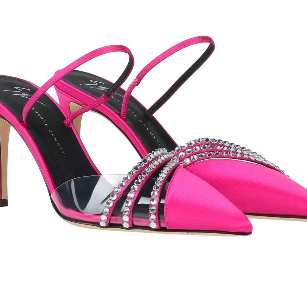 Elegant Pink Satin Heels with Rhinestone Detailing